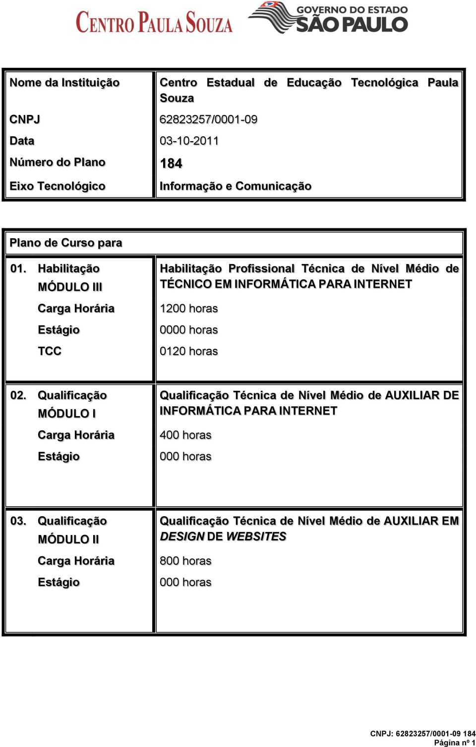 Habilitação MÓDULO III Carga Horária Estágio TCC Habilitação Profissional Técnica de Nível Médio de TÉCNICO EM INFORMÁTICA PARA INTERNET 1200 horas 0000 horas 0120