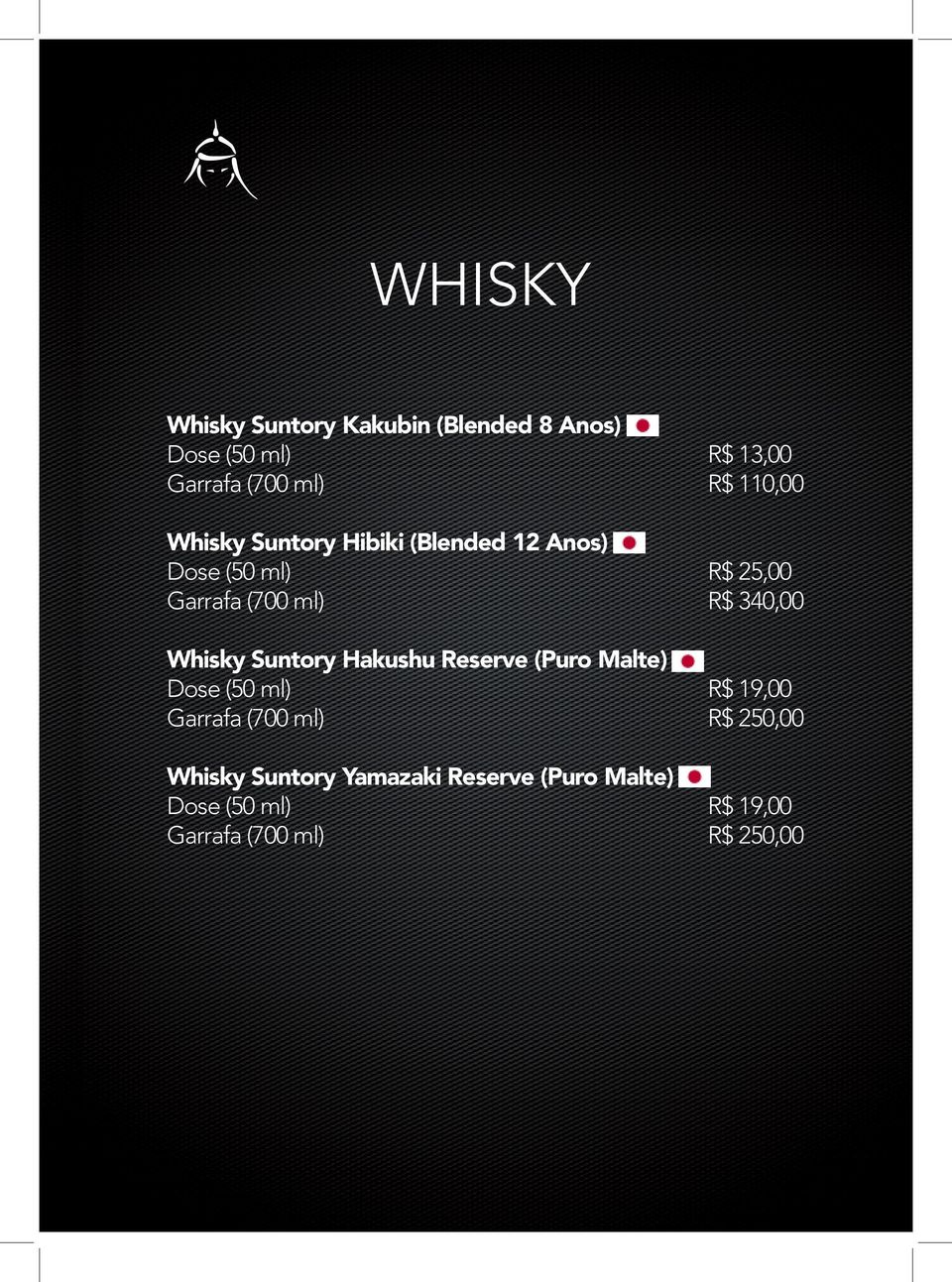 340,00 Whisky Suntory Hakushu Reserve (Puro Malte) Dose (50 ml) R$ 19,00 Garrafa (700 ml) R$