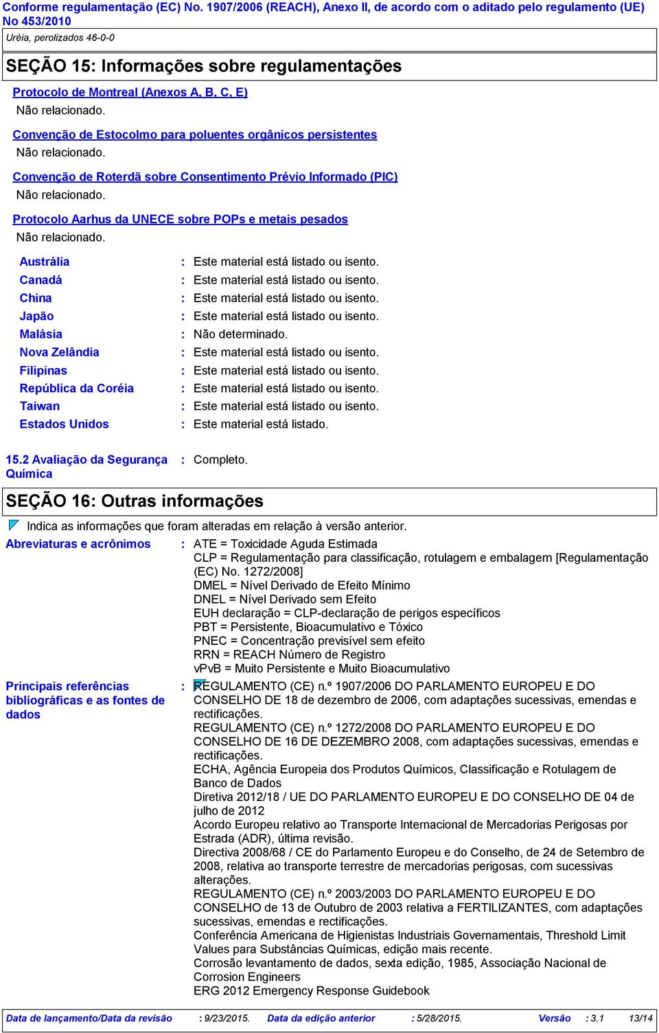 Austrália Canadá China Japão Malásia Nova Zelândia Filipinas República da Coréia Taiwan Estados Unidos Este material está listado ou isento. Este material está listado ou isento. Este material está listado ou isento. Este material está listado ou isento. Não determinado.