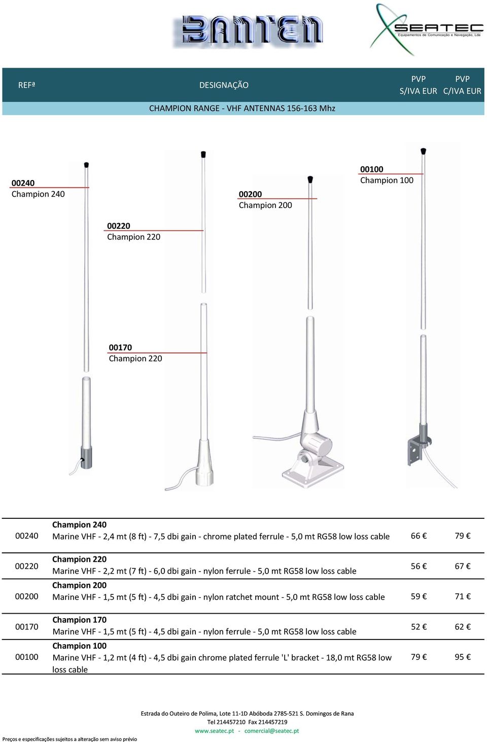 cable 56 67 Champion 200 Marine VHF 1,5 mt (5 ft) 4,5 dbi gain nylon ratchet mount 5,0 mt RG58 low loss cable 59 71 00170 00100 Champion 170 Marine VHF 1,5 mt (5 ft) 4,5