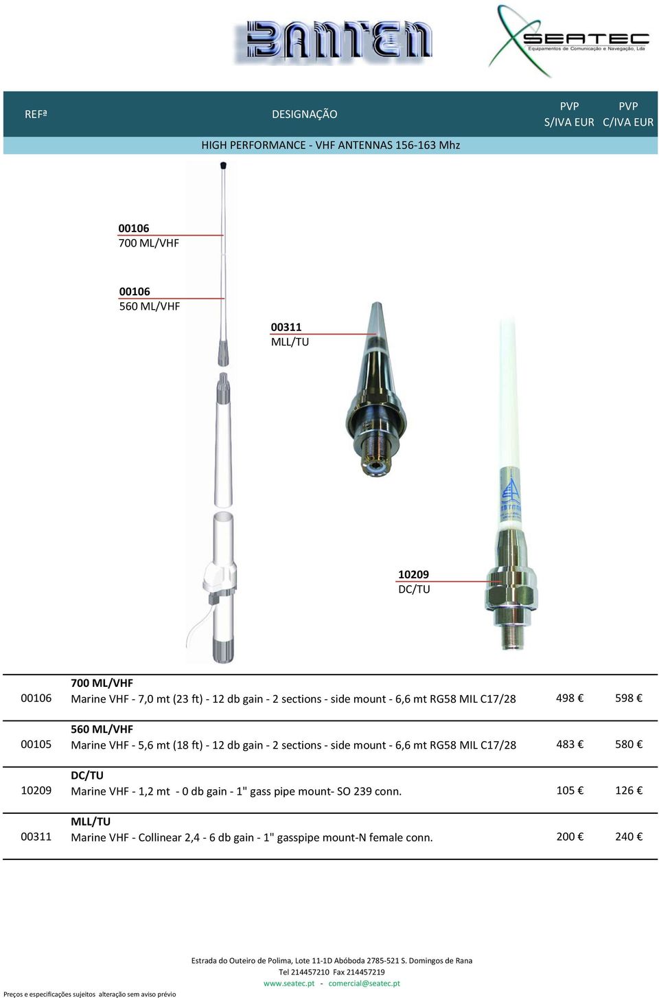 gain 2 sections side mount 6,6 mt RG58 MIL C17/28 483 580 DC/TU Marine VHF 1,2 mt 0 db gain 1" gass pipe mount SO 239 conn.