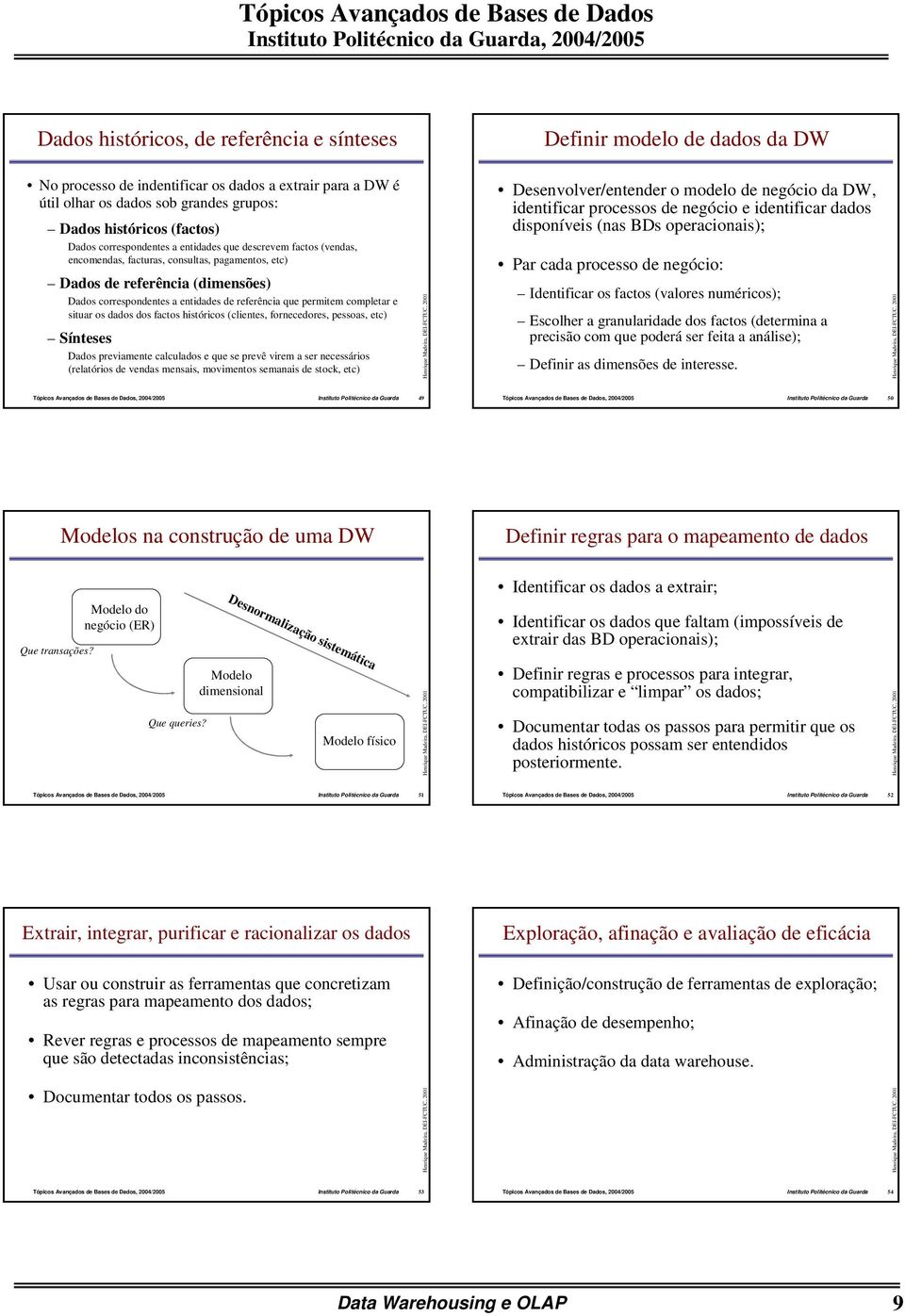 de referência que permitem completar e situar os dados dos factos históricos (clientes, fornecedores, pessoas, etc) Sínteses Dados previamente calculados e que se prevê virem a ser necessários