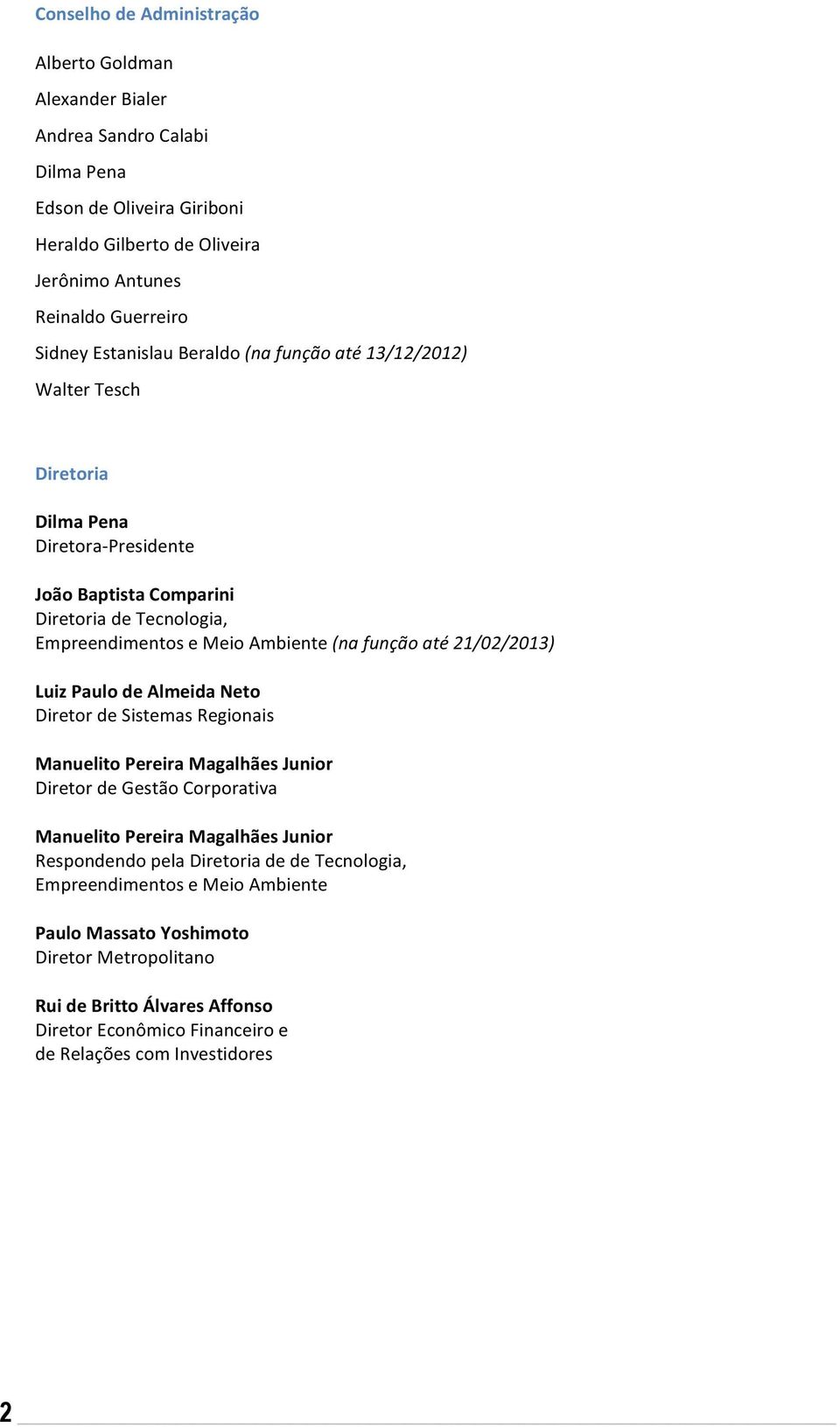 até 21/02/2013) Luiz Paulo de Almeida Neto Diretor de Sistemas Regionais Manuelito Pereira Magalhães Junior Diretor de Gestão Corporativa Manuelito Pereira Magalhães Junior Respondendo pela