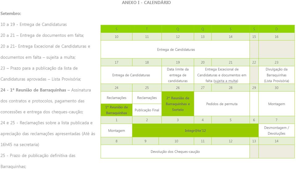 de Candidaturas Data limite da entrega de candidaturas Entrega Excecional de Candidaturas e documentos em falta (sujeita a multa) Divulgação da Barraquinhas (Lista Provisória) 24 25 26 27 28 29 30