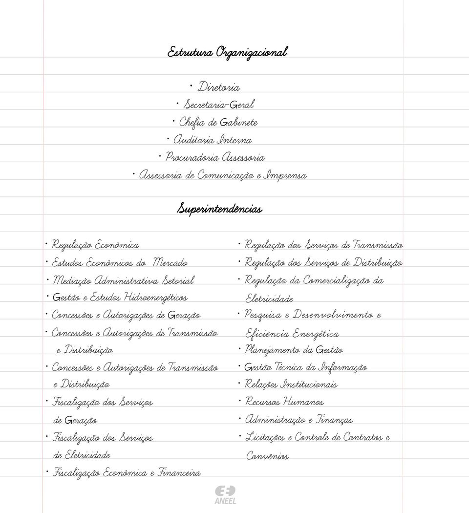 Autorizações de Transmissão e Distribuição Fiscalização dos Serviços de Geração Fiscalização dos Serviços de Eletricidade Fiscalização Econômica e Financeira Regulação dos Serviços de Transmissão