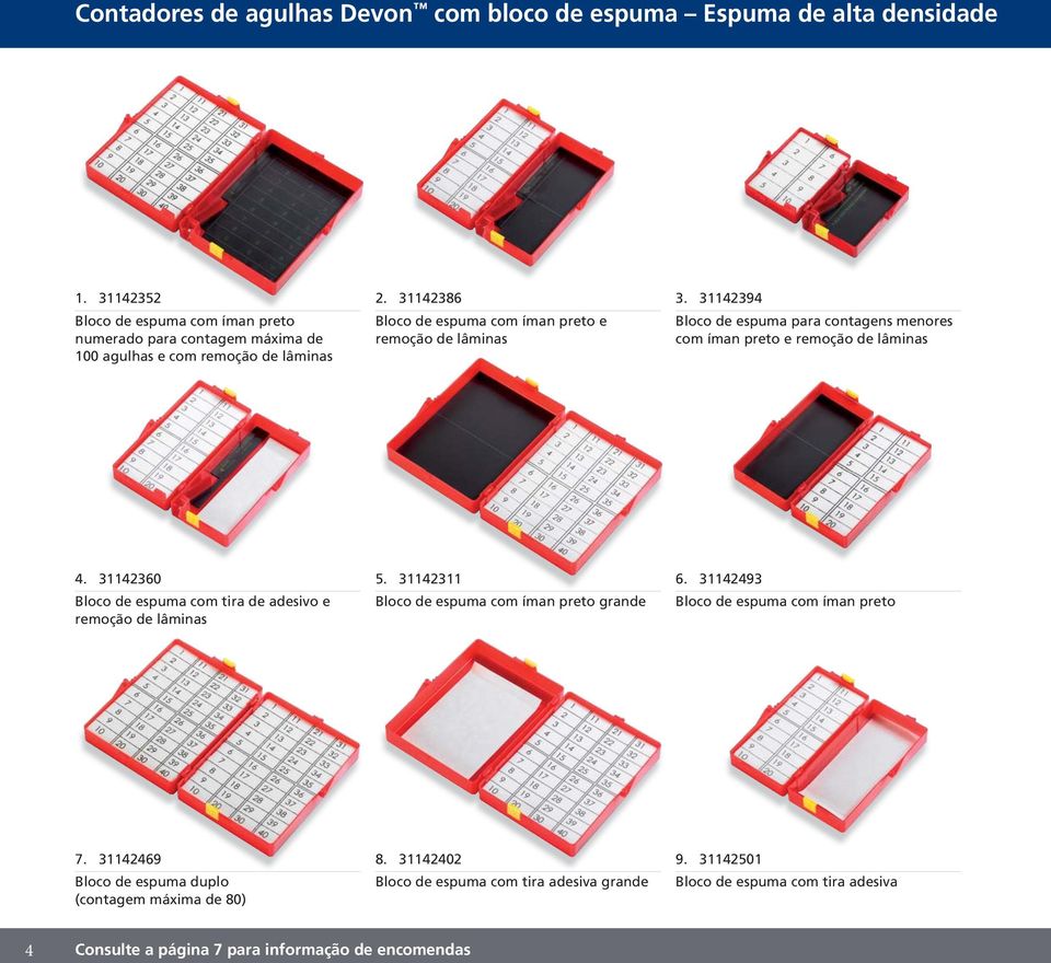 31142394 Bloco de espuma para contagens menores com íman preto e remoção de lâminas 4. 31142360 Bloco de espuma com tira de adesivo e remoção de lâminas 5.
