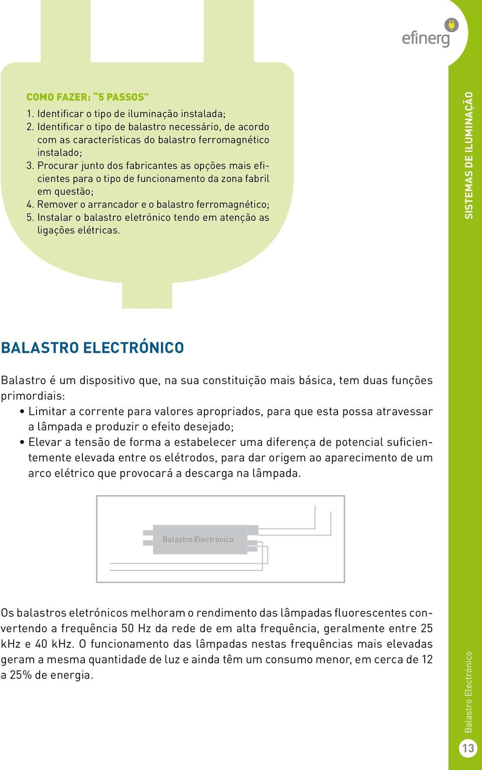 Instalar o balastro eletrónico tendo em atenção as ligações elétricas.