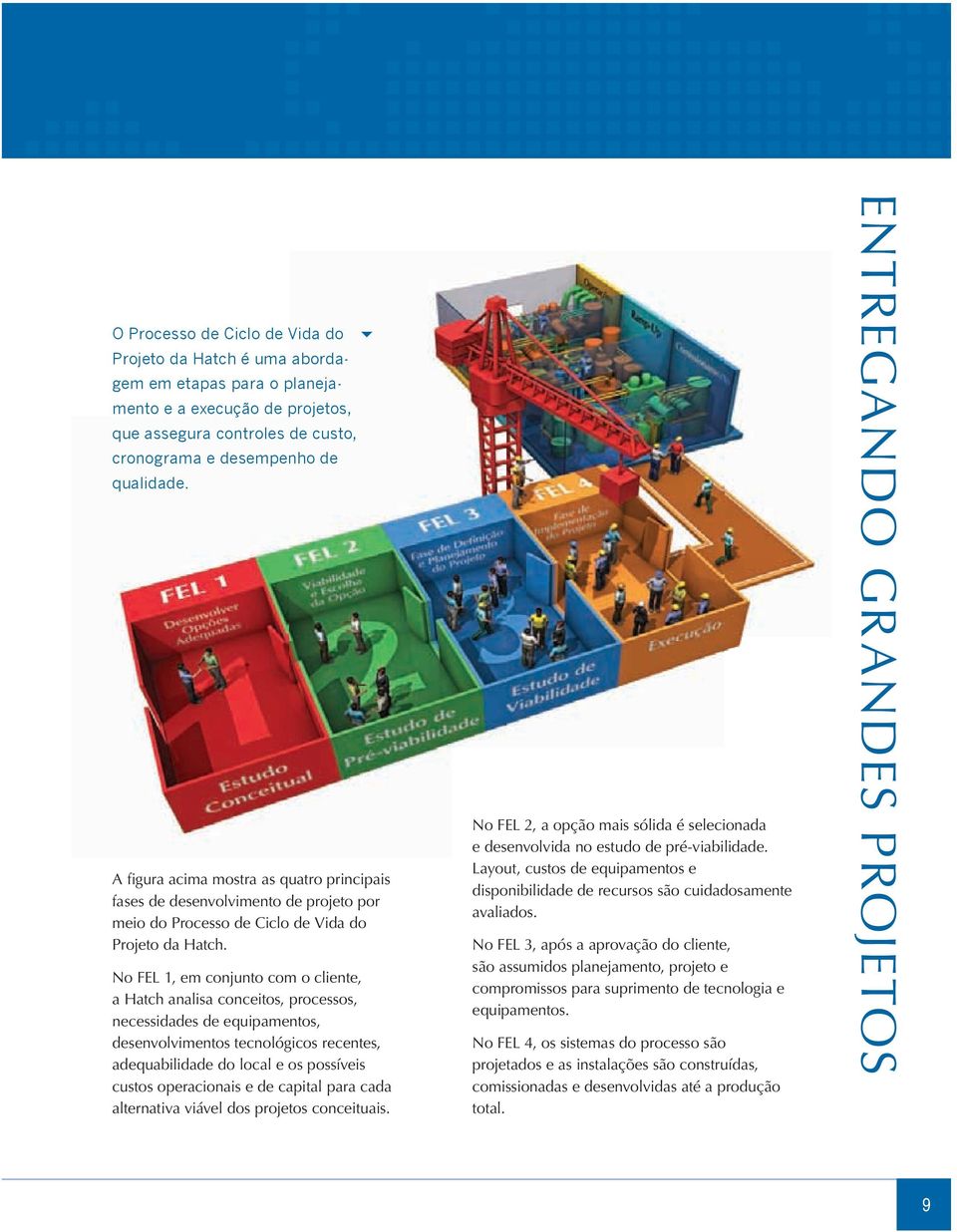 No FEL 1, em conjunto com o cliente, a Hatch analisa conceitos, processos, necessidades de equipamentos, desenvolvimentos tecnológicos recentes, adequabilidade do local e os possíveis custos