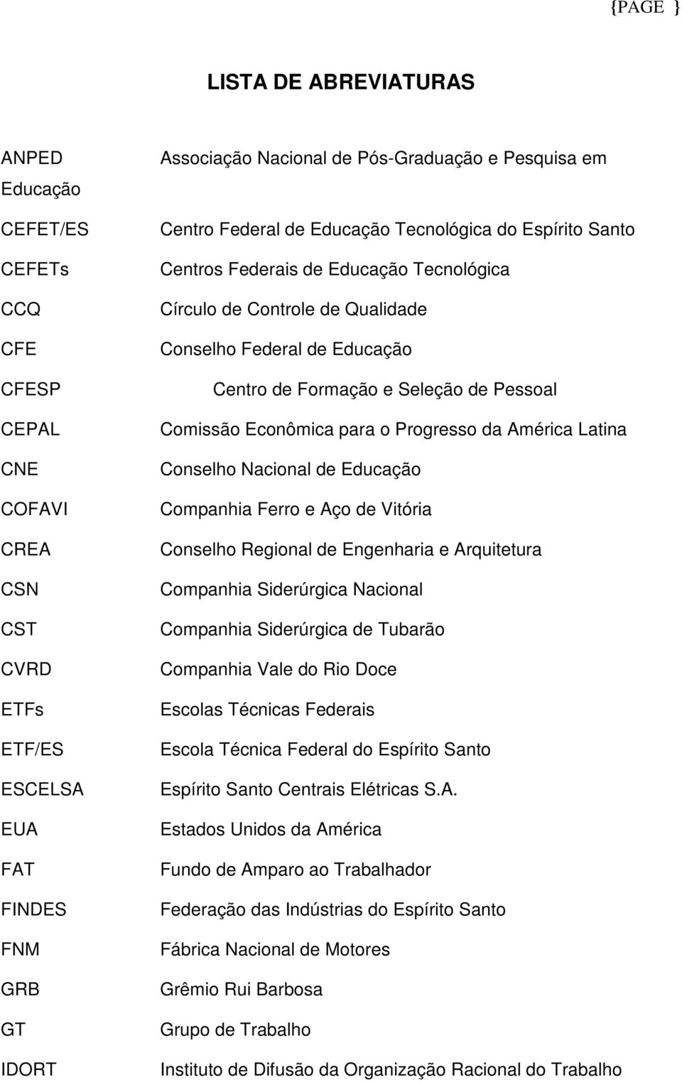 Seleção de Pessoal Comissão Econômica para o Progresso da América Latina Conselho Nacional de Educação Companhia Ferro e Aço de Vitória Conselho Regional de Engenharia e Arquitetura Companhia