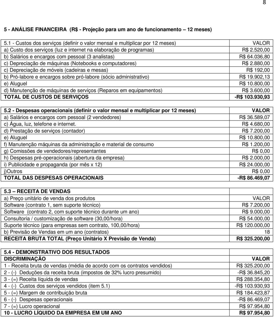 520,00 b) Salários e encargos com pessoal (3 analistas) R$ 64.036,80 c) Depreciação de máquinas (Notebooks e computadores) R$ 2.