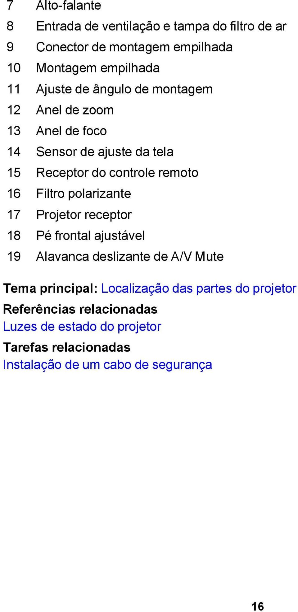 Filtro polarizante 17 Projetor receptor 18 Pé frontal ajustável 19 Alavanca deslizante de A/V Mute Tema principal: Localização