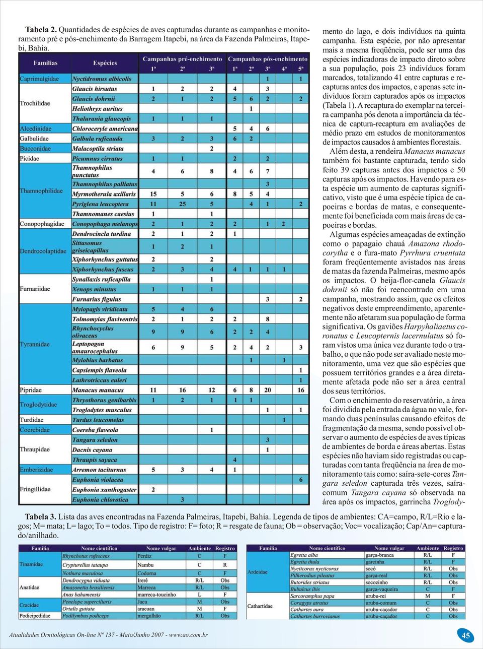 Esta espécie, por não apresentar mais a mesma freqüência, pode ser uma das espécies indicadoras de impacto direto sobre a sua população, pois 23 indivíduos foram marcados, totalizando 41 entre