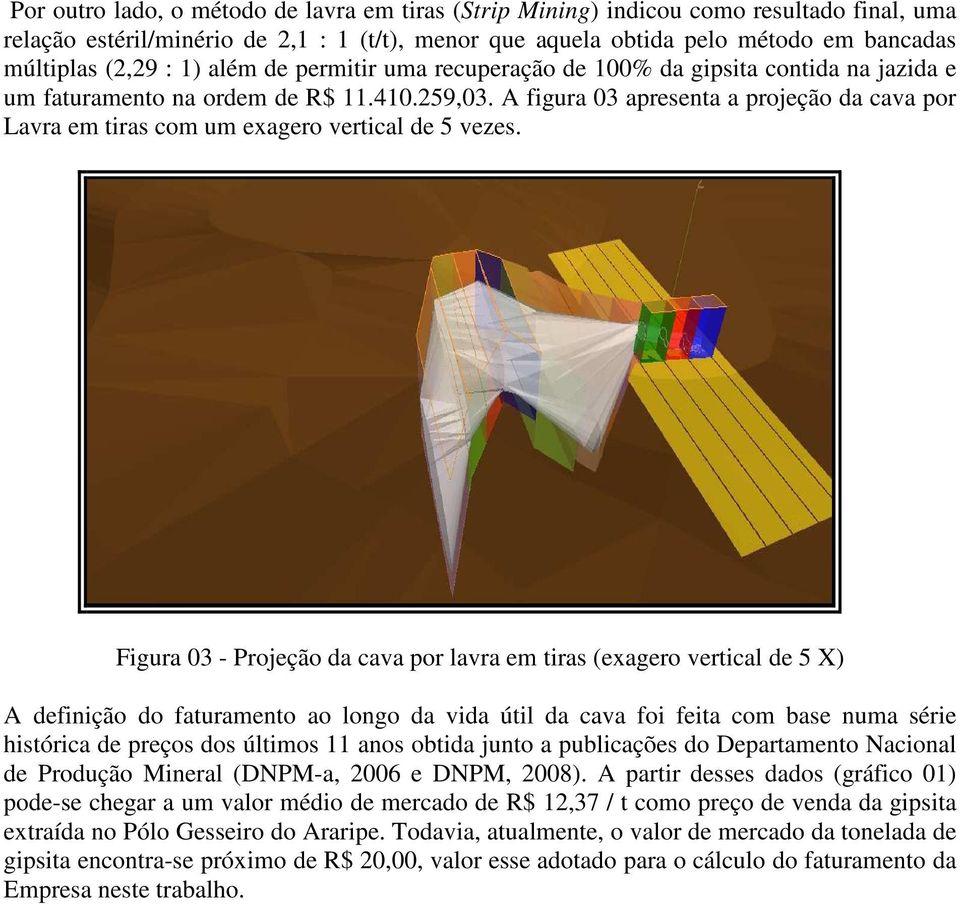 A figura 03 apresenta a projeção da cava por Lavra em tiras com um exagero vertical de 5 vezes.