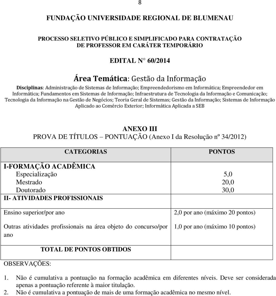 de Sistemas; Gestão da Informação; Sistemas de Informação Aplicado ao Comércio Exterior; Informática Aplicada a SEB ANEXO III PROVA DE TÍTULOS PONTUAÇÃO (Anexo I da Resolução nº 34/2012) CATEGORIAS