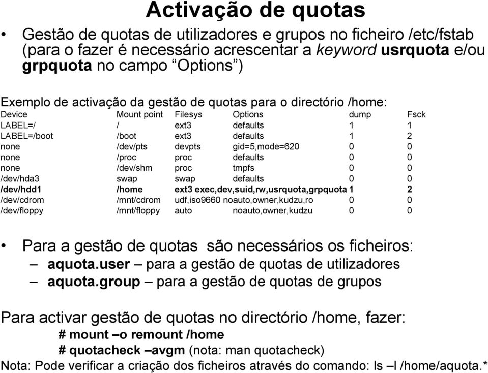 /proc proc defaults 0 0 none /dev/shm proc tmpfs 0 0 /dev/hda3 swap swap defaults 0 0 /dev/hdd1 /home ext3 exec,dev,suid,rw,usrquota,grpquota 1 2 /dev/cdrom /mnt/cdrom udf,iso9660