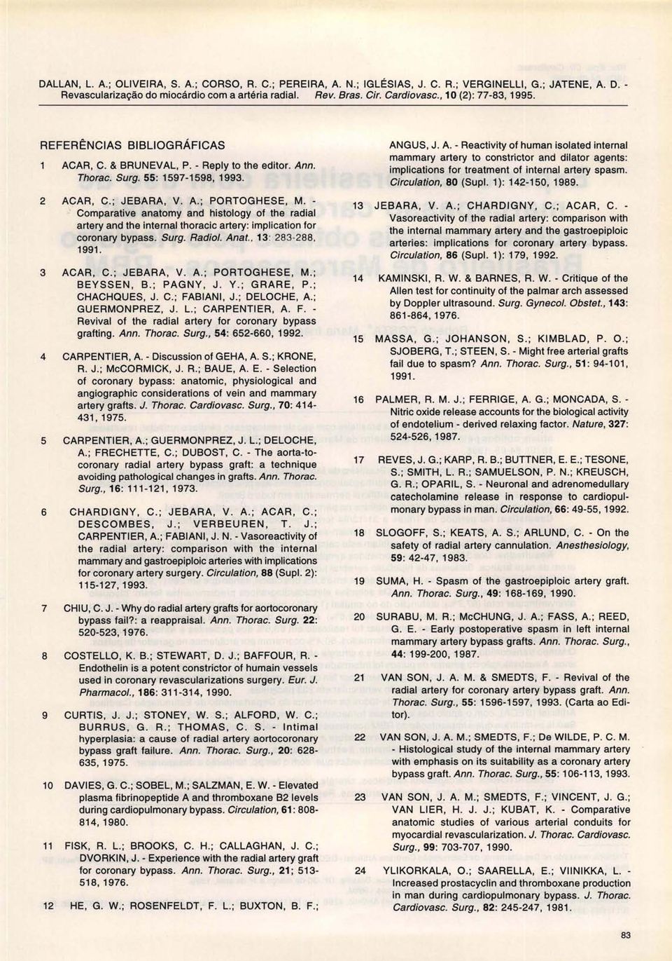 - Comparative anatomy and histology of the radial artery and the internal thoracic artery: implication for coronary bypass. Surg. Radiol. Anat., 13: 283-288, 1991. 3 ACAR, C. ; JEBARA, V. A. ; PORTOGHESE, M.