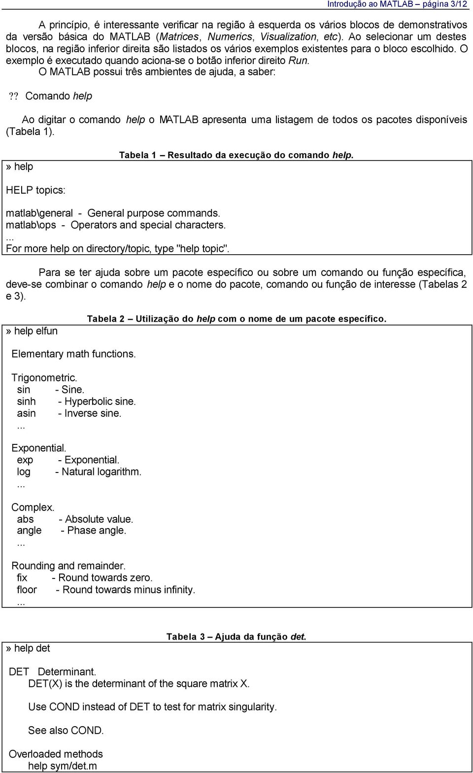 O MATLAB possui três ambientes de ajuda, a saber:?? Comando help Ao digitar o comando help o MATLAB apresenta uma listagem de todos os pacotes disponíveis (Tabela 1).