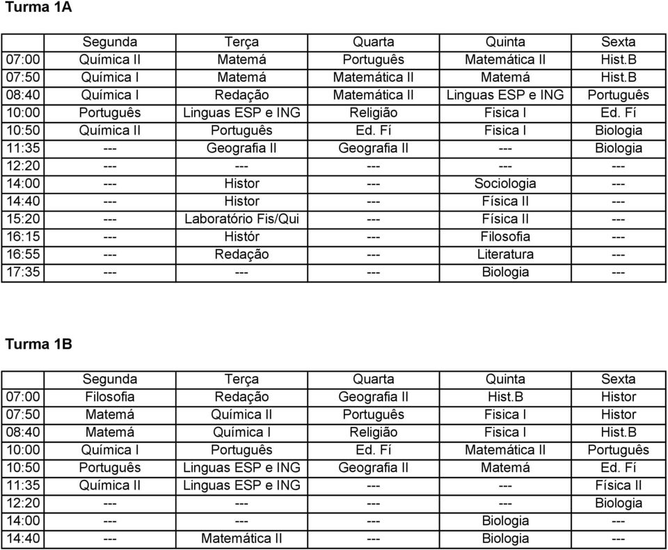 Fí Fisica I Biologia 11:35 --- Geografia II Geografia II --- Biologia 12:20 --- --- --- --- --- 14:00 --- Histor --- Sociologia --- 14:40 --- Histor --- Física II --- 15:20 --- Laboratório Fis/Qui
