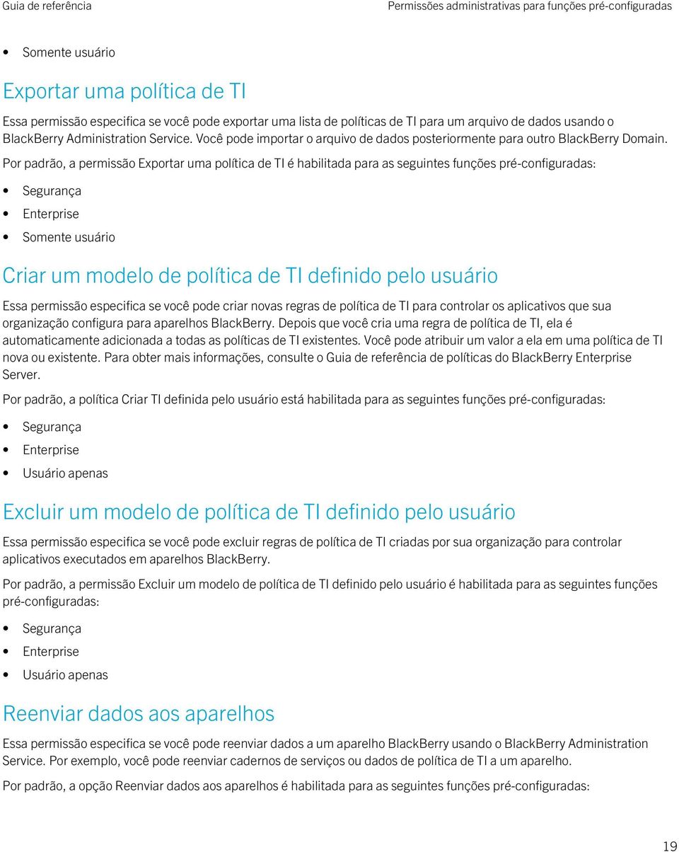 Por padrão, a permissão Exportar uma política de TI é habilitada para as seguintes funções pré-configuradas: Criar um modelo de política de TI definido pelo usuário Essa permissão especifica se você