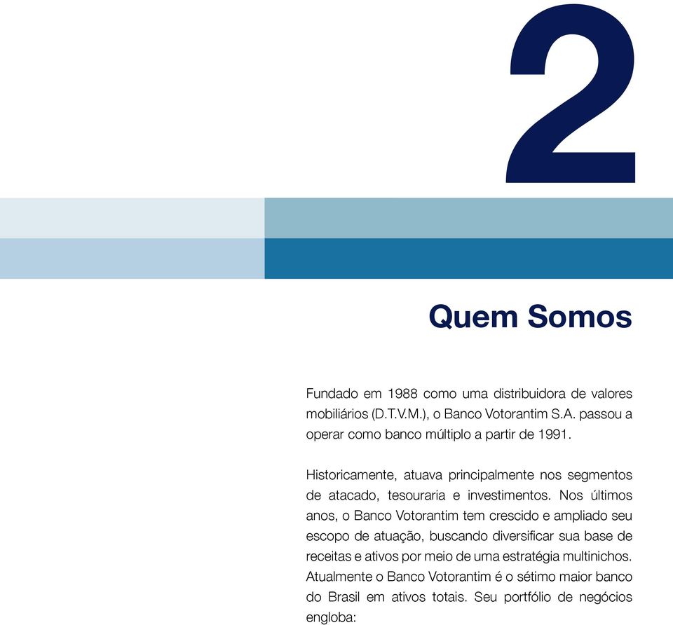 Historicamente, atuava principalmente nos segmentos de atacado, tesouraria e investimentos.