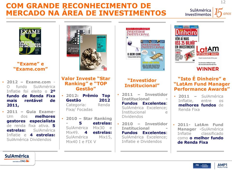 5 estrelas: SulAmérica Inflatie e 4 estrelas: SulAmérica Dividendos Valor Investe Star Ranking e TOP Gestão 2012: Prêmio Top Gestão 2012 Categoria: Renda Fixa/ Focadas 2010 Star Ranking - 5 estrelas: