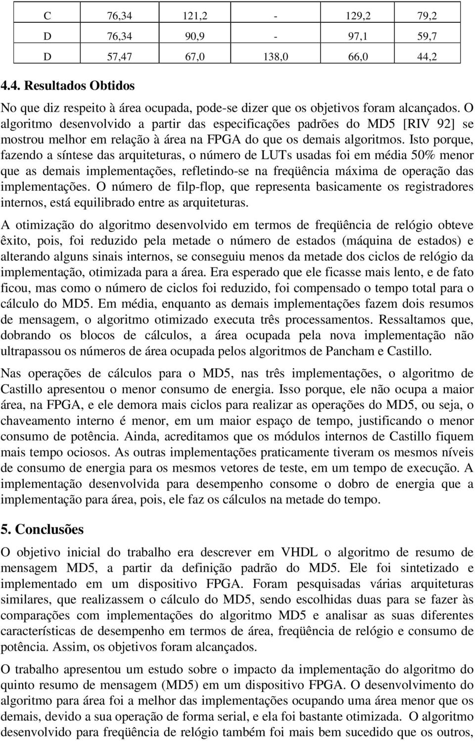 Isto porque, fazendo a síntese das arquiteturas, o número de LUTs usadas foi em média 50% menor que as demais implementações, refletindo-se na freqüência máxima de operação das implementações.