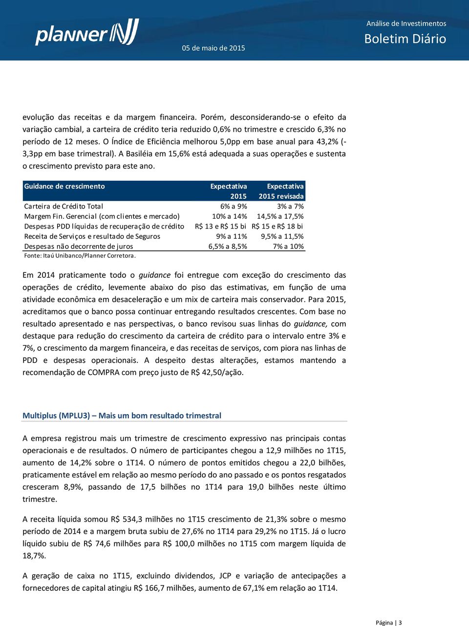 Guidance de crescimento Expectativa Expectativa 2015 2015 revisada Carteira de Crédito Total 6% a 9% 3% a 7% Margem Fin.