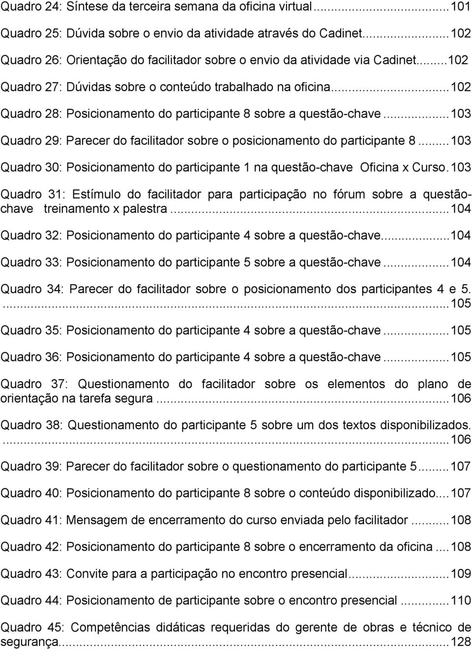 ..102 Quadro 28: Posicionamento do participante 8 sobre a questão-chave...103 Quadro 29: Parecer do facilitador sobre o posicionamento do participante 8.