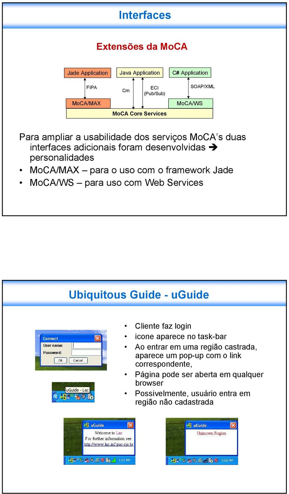 framework Jade MoCA/WS para uso com Web Services Ubiquitous Guide - uguide Cliente faz login icone aparece no task-bar Ao entrar em uma região