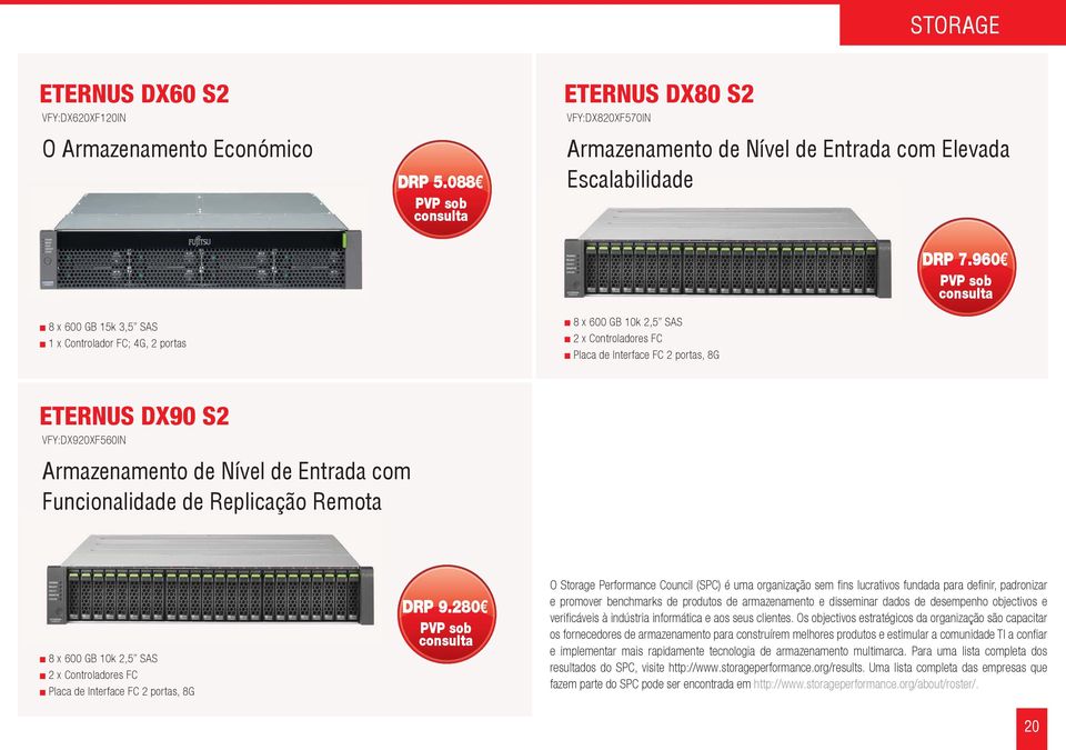 960 PVP sob consulta ETERNUS DX90 S2 VFY:DX920XF560IN Armazenamento de Nível de Entrada com Funcionalidade de Replicação Remota 8 x 600 GB 10k 2,5 SAS 2 x Controladores FC Placa de Interface FC 2