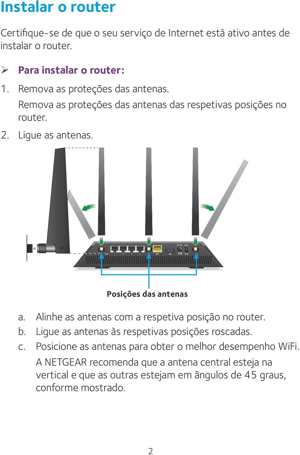Alinhe as antenas com a respetiva posição no router. b. Ligue as antenas às respetivas posições roscadas. c. Posicione as antenas para obter o melhor desempenho WiFi.