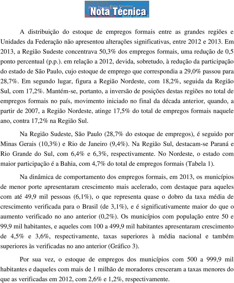 em relação a 2012, devida, sobretudo, à redução da participação do estado de São Paulo, cujo estoque de emprego que correspondia a 29,0% passou para 28,7%.