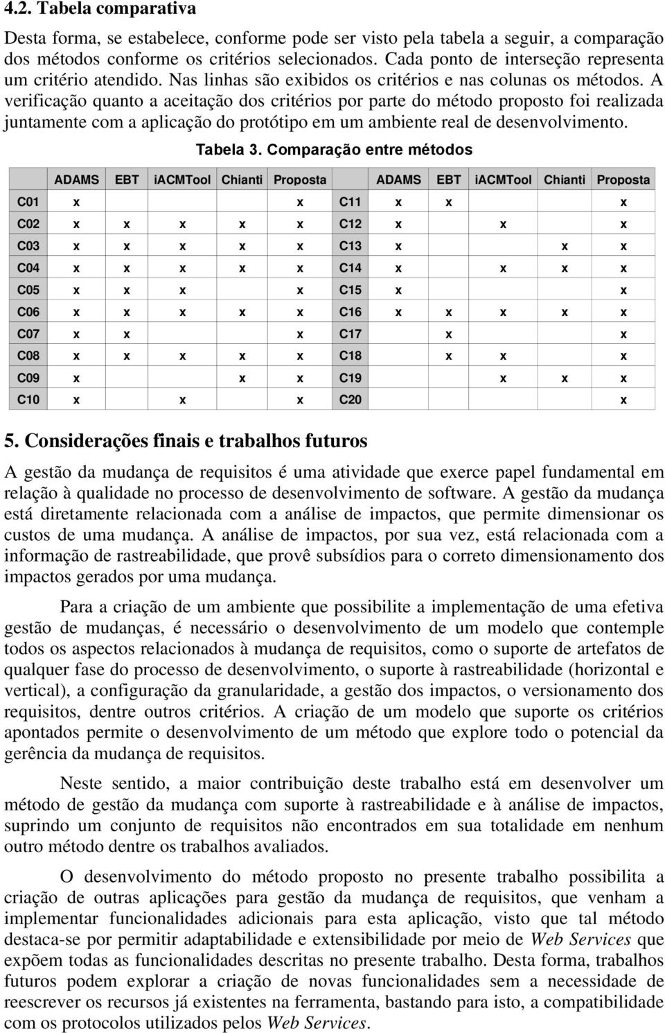 A verificação quanto a aceitação dos critérios por parte do método proposto foi realizada juntamente com a aplicação do protótipo em um ambiente real de desenvolvimento. Tabela 3.