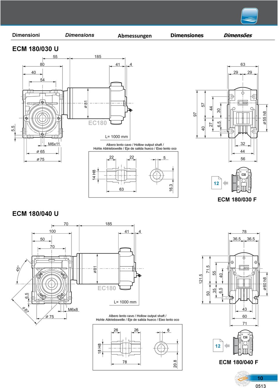 5 55 h8 65 M6x11 Albero lento cavo / Hollow output shaft / Hohle Abtriebswelle / Eje de salida hueco / Eixo lento oco 32 44 75 56 12 ECM 18/3 F ECM 18/4 U