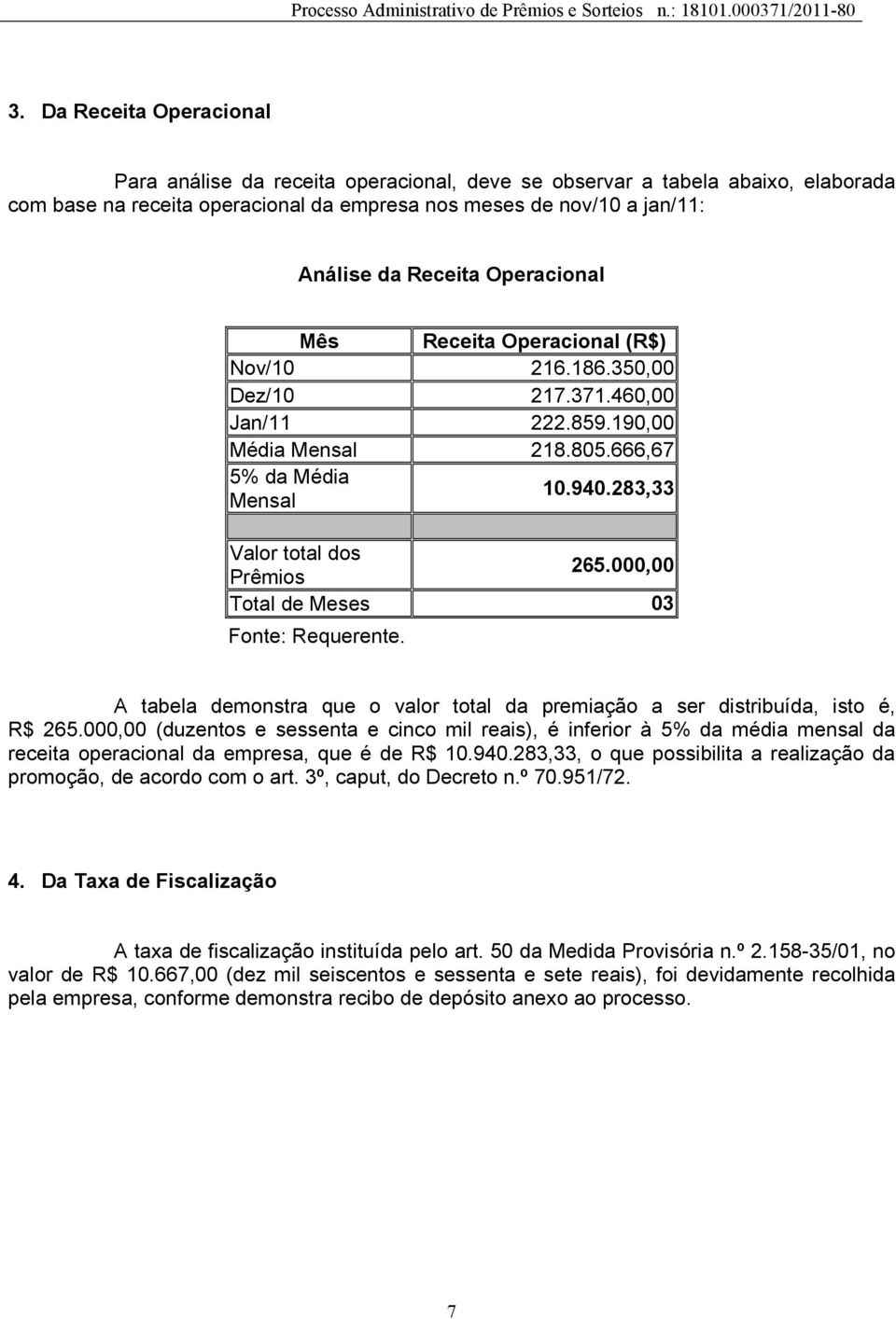 000,00 Total de Meses 03 Fonte: Requerente. A tabela demonstra que o valor total da premiação a ser distribuída, isto é, R$ 265.