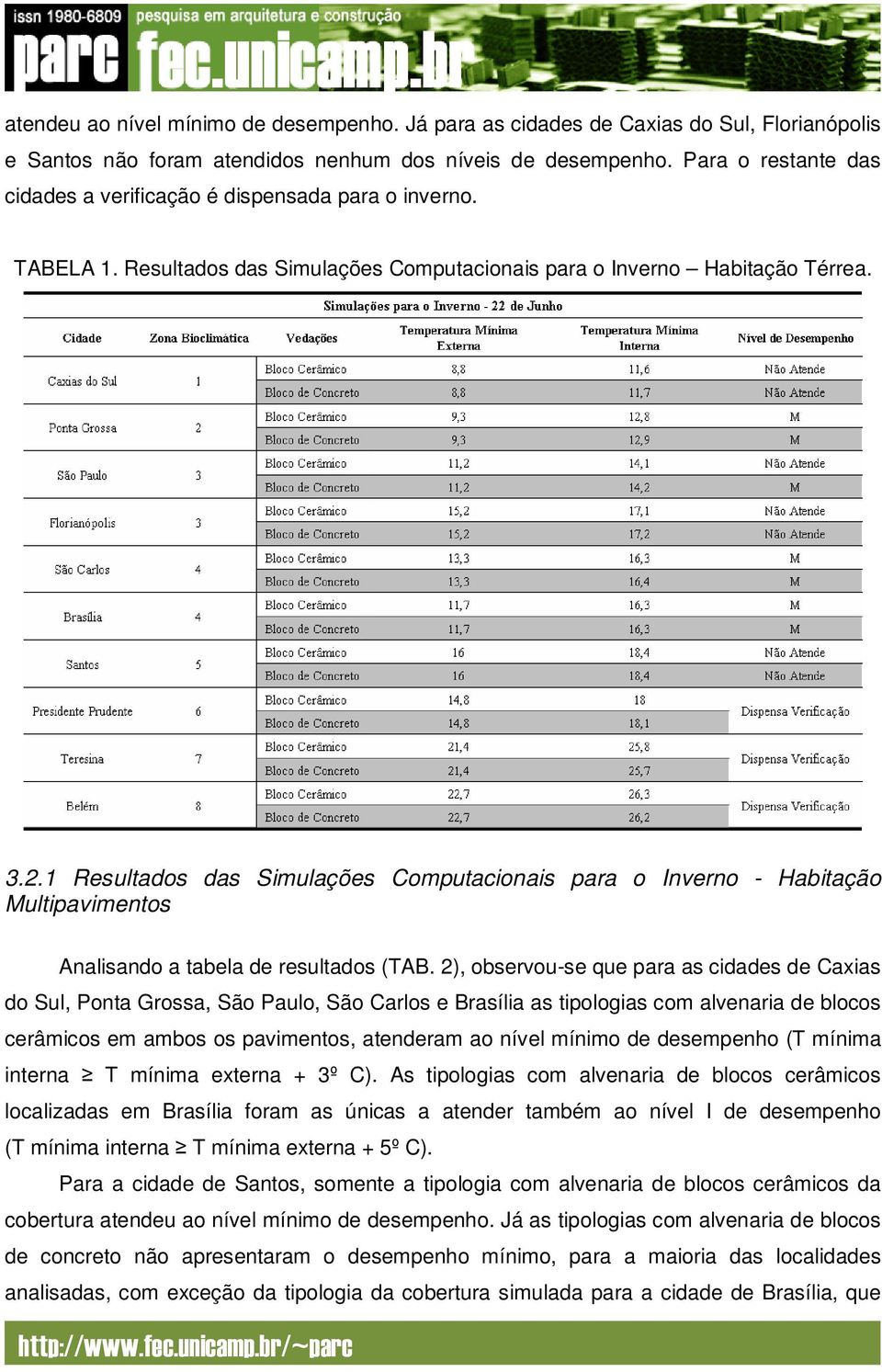 1 Resultados das Simulações Computacionais para o Inverno - Habitação Multipavimentos Analisando a tabela de resultados (TAB.