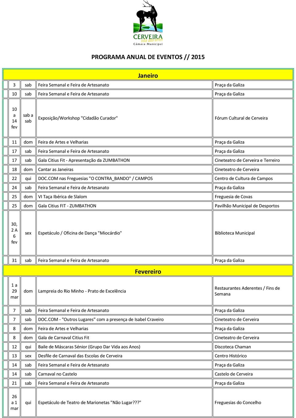 COM ns Frgusis "O CONTRA_BANDO" / CAMPOS Cntro d Cultur d Cmpos 24 sb Fir Smnl Fir d Artsnto Prç d Gliz 25 VI Tç Ibéric d Sllom Frgusi d Covs 25 Gl Citius FIT - ZUMBATHON Pvilhão Municipl d Dsportos,