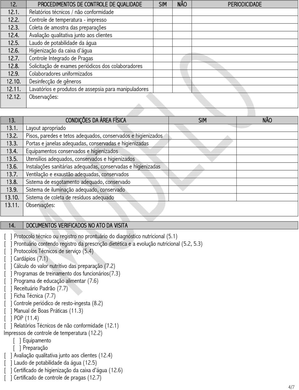 Solicitação de exames periódicos dos colaboradores 12.9. Colaboradores uniformizados 12.10. Desinfecção de gêneros 12.11. Lavatórios e produtos de assepsia para manipuladores 12.12. PERIODICIDADE 13.