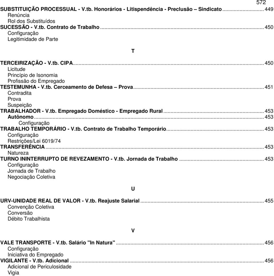 tb. Empregado Doméstico - Empregado Rural...453 Autônomo...453 TRABALHO TEMPORÁRIO - V.tb. Contrato de Trabalho Temporário...453 Restrições/Lei 6019/74 TRANSFERÊNCIA.