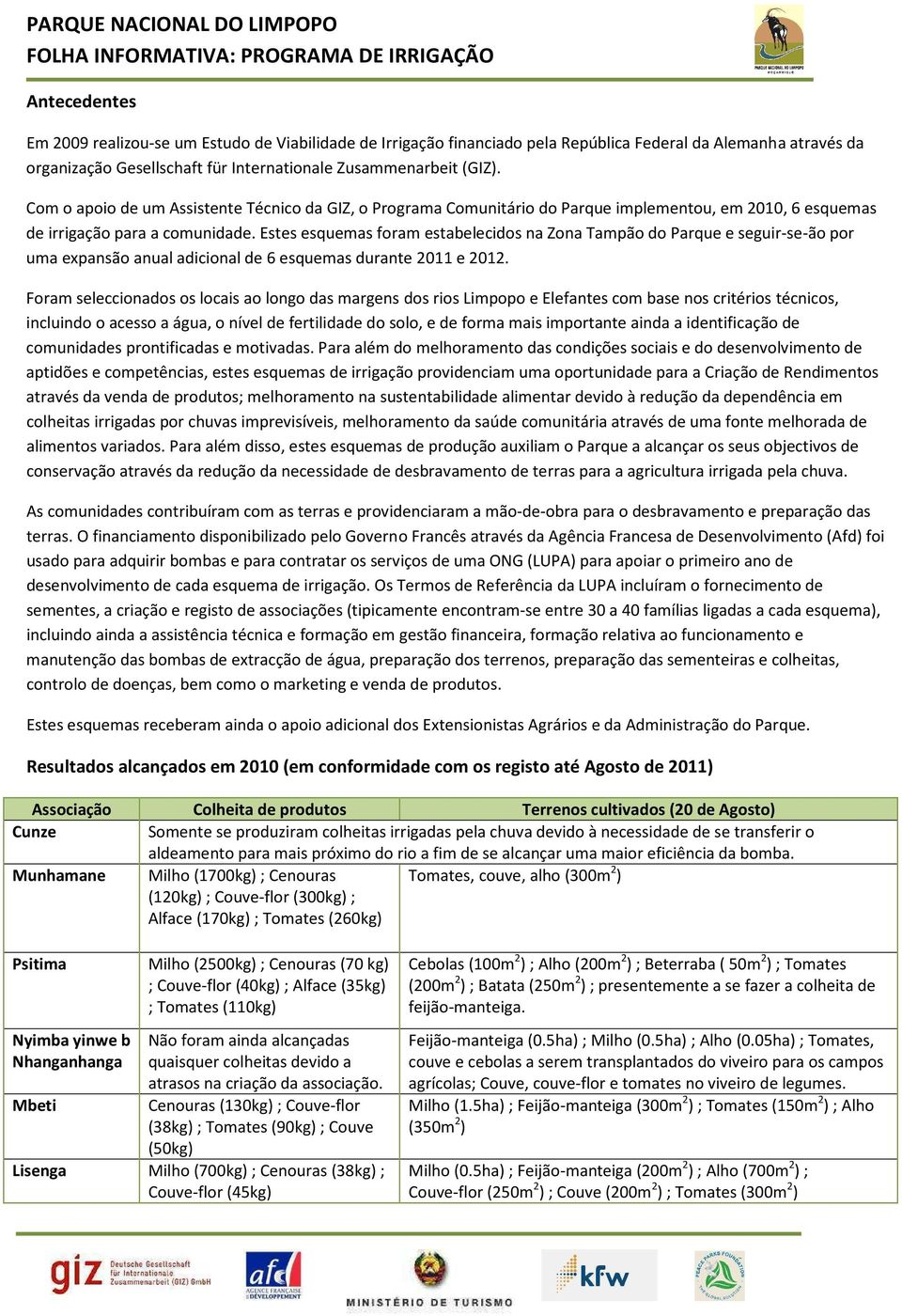 Estes esquemas foram estabelecidos na Zona Tampão do Parque e seguir-se-ão por uma expansão anual adicional de 6 esquemas durante 2011 e 2012.