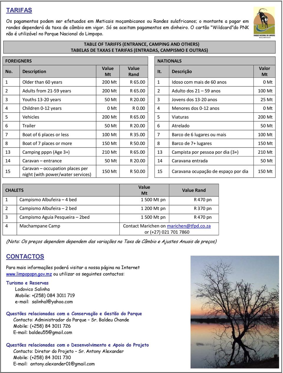 Description TABLE OF TARIFFS (ENTRANCE, CAMPING AND OTHERS) TABELAS DE TAXAS E TARIFAS (ENTRADAS, CAMPISMO E OUTRAS) Value Mt Value Rand NATIONALS It. Descrição 1 Older than 60 years 200 Mt R 65.