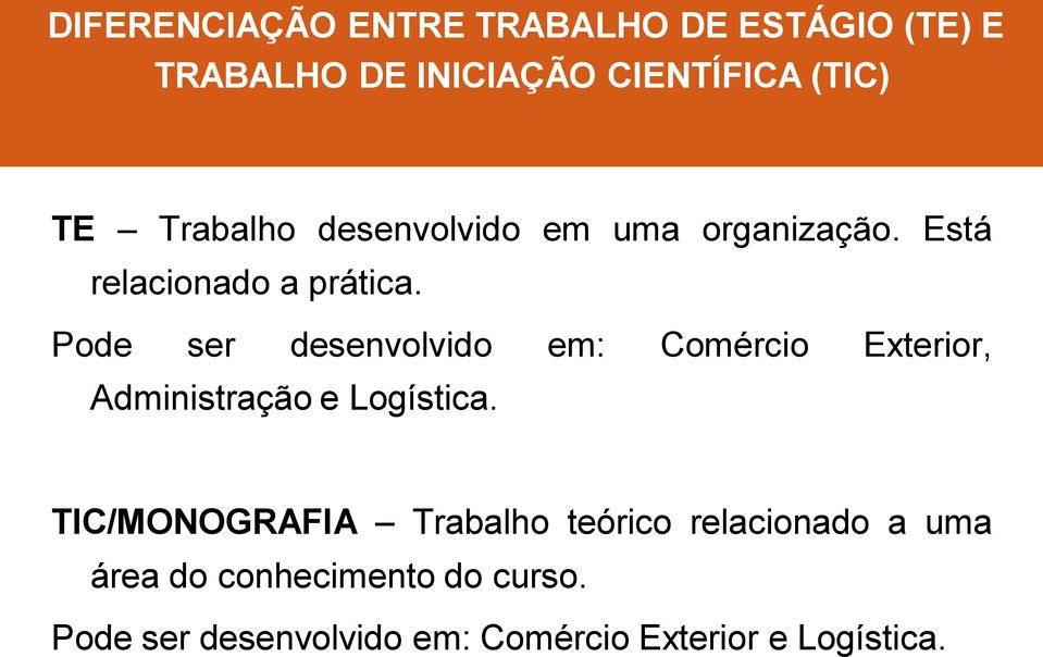 Pode ser desenvolvido em: Comércio Exterior, Administração e Logística.