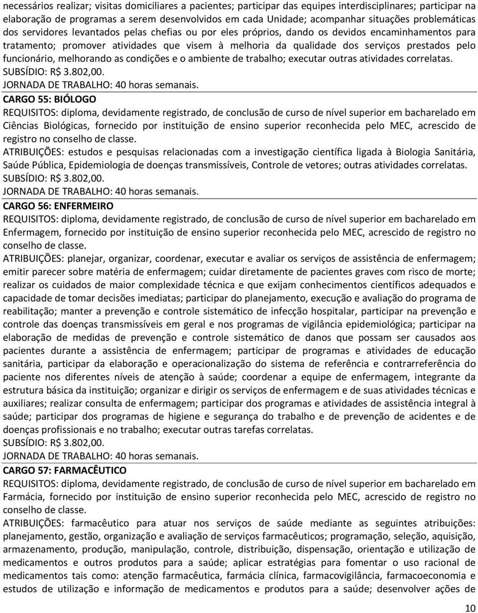 prestados pelo funcionário, melhorando as condições e o ambiente de trabalho; executar outras atividades correlatas. SUBSÍDIO: R$ 3.802,00. JORNADA DE TRABALHO: 40 horas semanais.