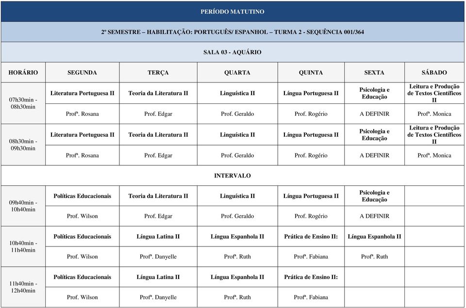 Monica Literatura Teoria da Literatura II Linguística II  Monica 09h40min - 10h40min Políticas Educacionais Teoria da Literatura II Linguística II Língua Psicologia e Educação Prof. Wilson Prof.