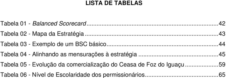 ..44 Tabela 04 - Alinhando as mensurações à estratégia.