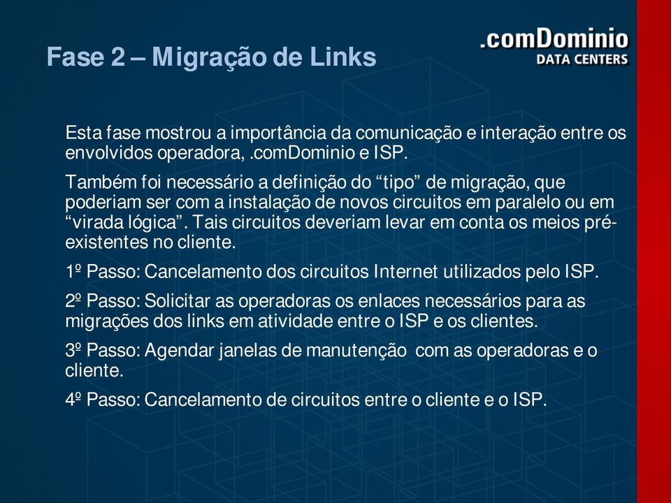 Tais circuitos deveriam levar em conta os meios préexistentes no cliente. 1º Passo: Cancelamento dos circuitos Internet utilizados pelo ISP.