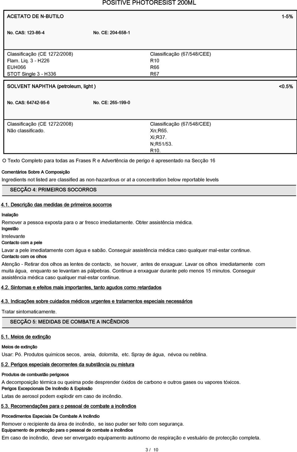 O Texto Completo para todas as Frases R e Advertência de perigo é apresentado na Secção 16 Comentários Sobre A Composição Ingredients not listed are classified as non-hazardous or at a concentration