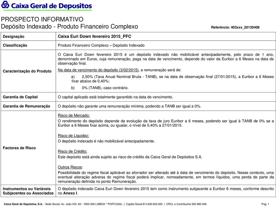 Na data de vencimento do depósito (3/02/2015), a remuneração será de: a) 2,50% (Taxa Anual Nominal Bruta - TANB), se na data de observação final (27/01/2015), a Euribor a 6 Meses fixar abaixo de