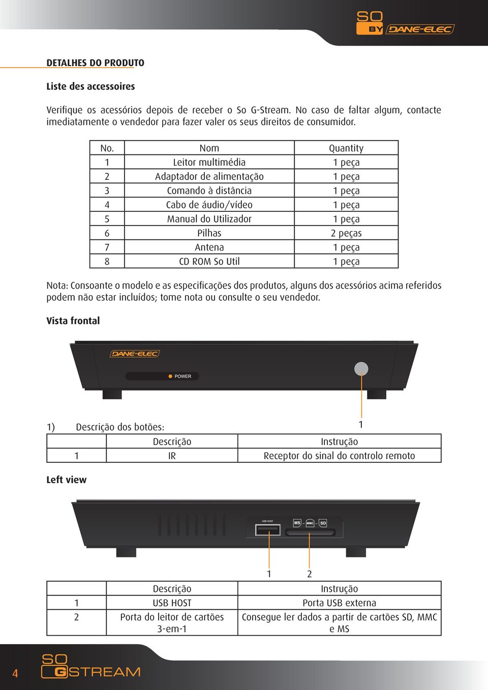 Nom Quantity 1 Leitor multimédia 1 peça 2 Adaptador de alimentação 1 peça 3 Comando à distância 1 peça 4 Cabo de áudio/vídeo 1 peça 5 Manual do Utilizador 1 peça 6 Pilhas 2 peças 7 Antena 1 peça 8 CD