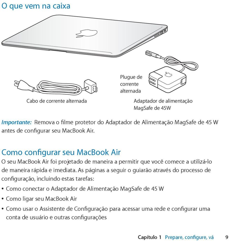 Como configurar seu MacBook Air O seu MacBook Air foi projetado de maneira a permitir que você comece a utilizá-lo de maneira rápida e imediata.